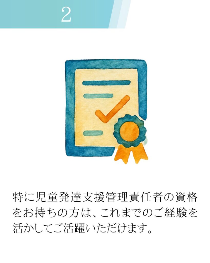 特に児童発達支援管理責任者の資格をお持ちの方は、これまでのご経験を活かしてご活躍いただけます。